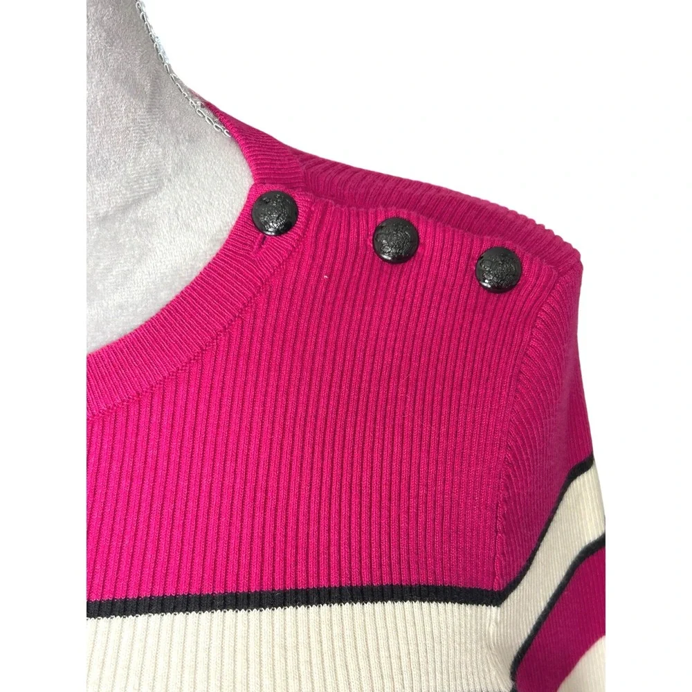 Lauren Ralph Lauren Pink White Black Stripe Ribbed Sweater Buttons‎ Women's M